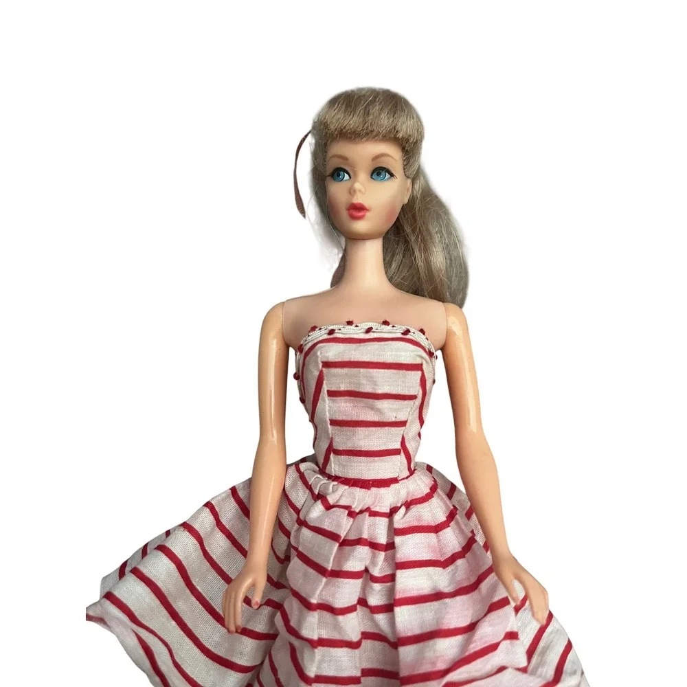 Vintage Barbie TNT Ash Blonde Ponytail Midge Body Red White Striped Dress 1960s